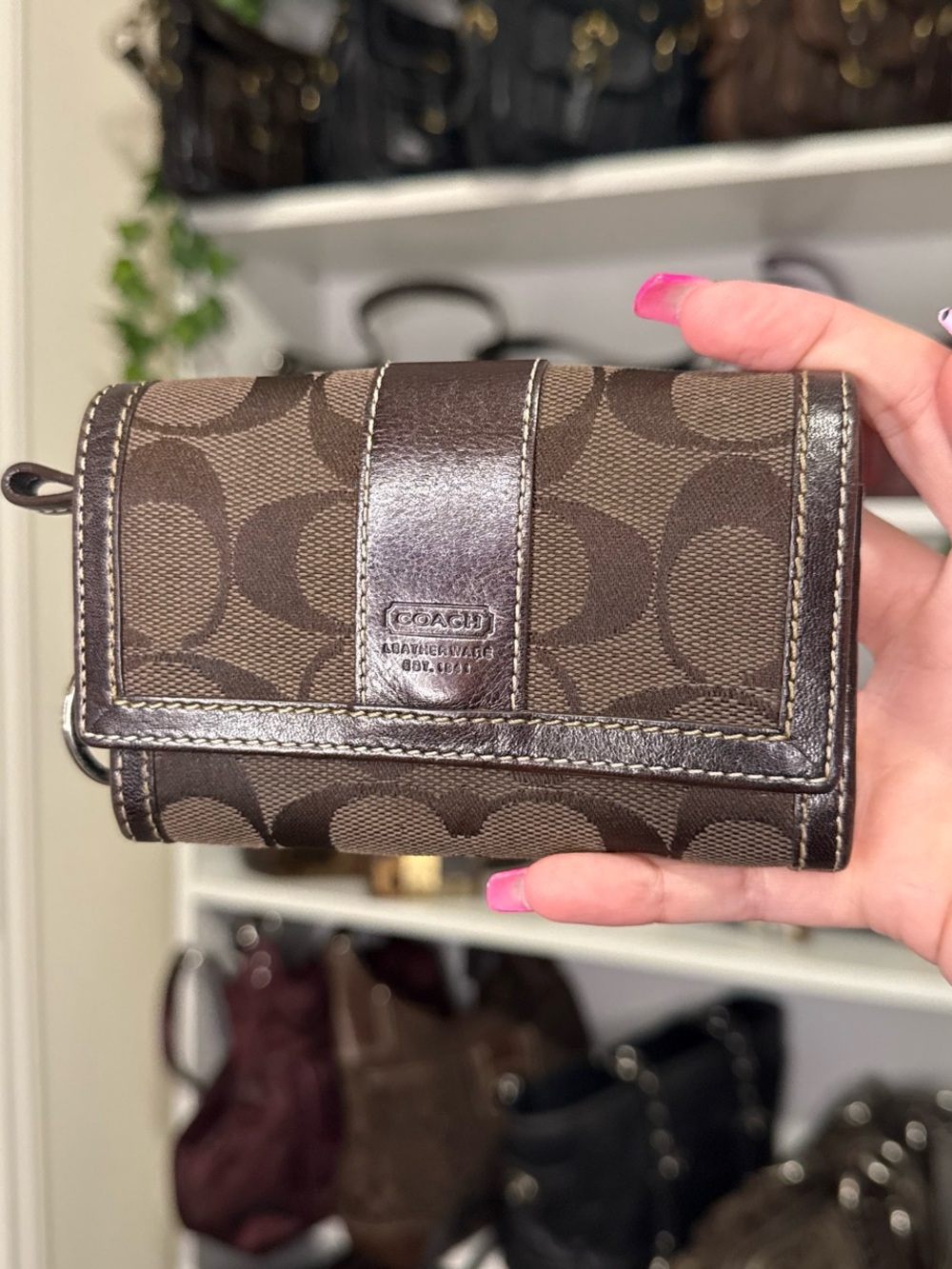Coach Brown Signature Canvas Trifold Wallet with Dark Leather Trim